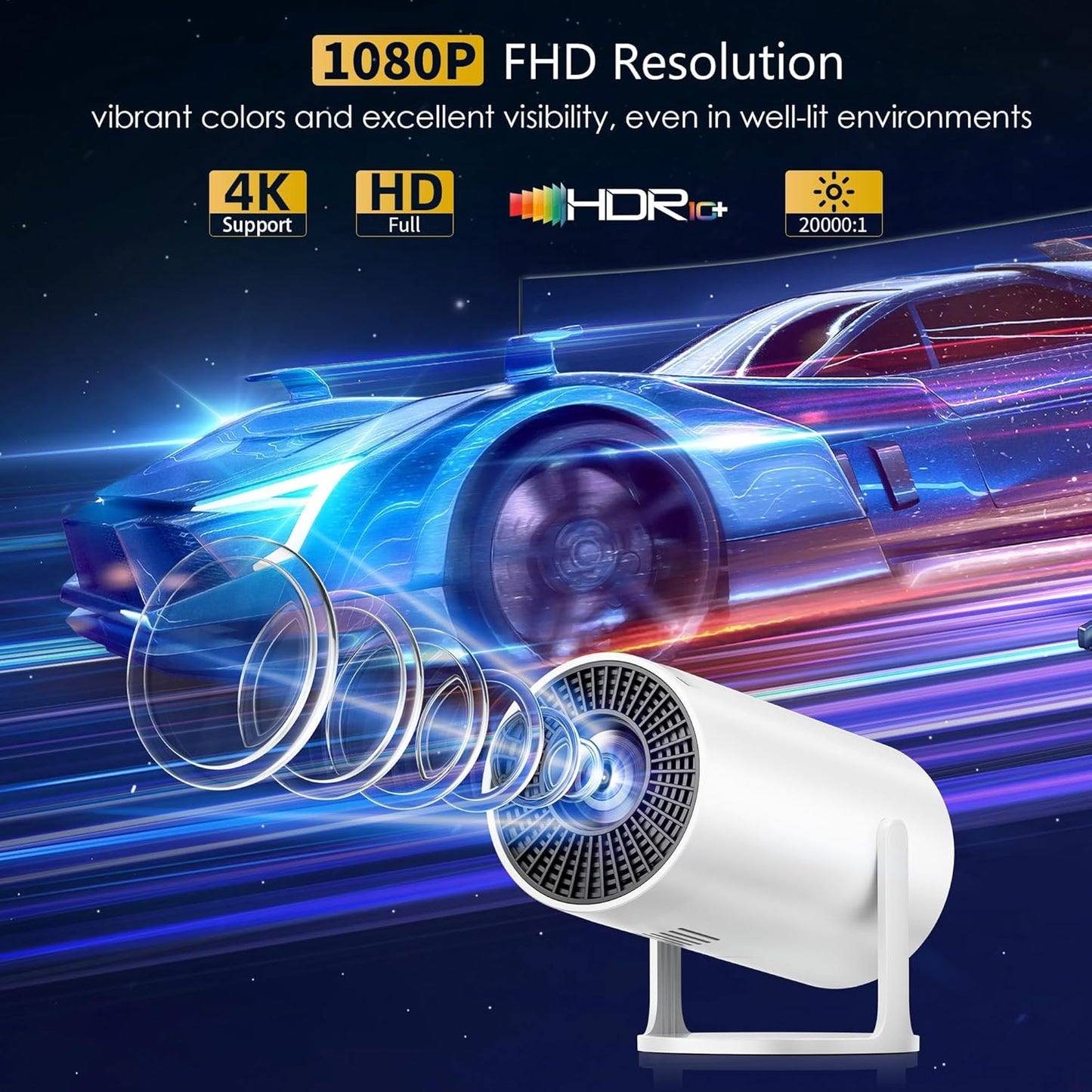 Mini Projector Portable Proyector 4K Support, Full HD 1080P Small Projector with 270° Rotatable Stand, Movie Projector Compatible with TV Stick/Smartphone/Hdmi/Usb for Bedroom/ Outdoor Camping