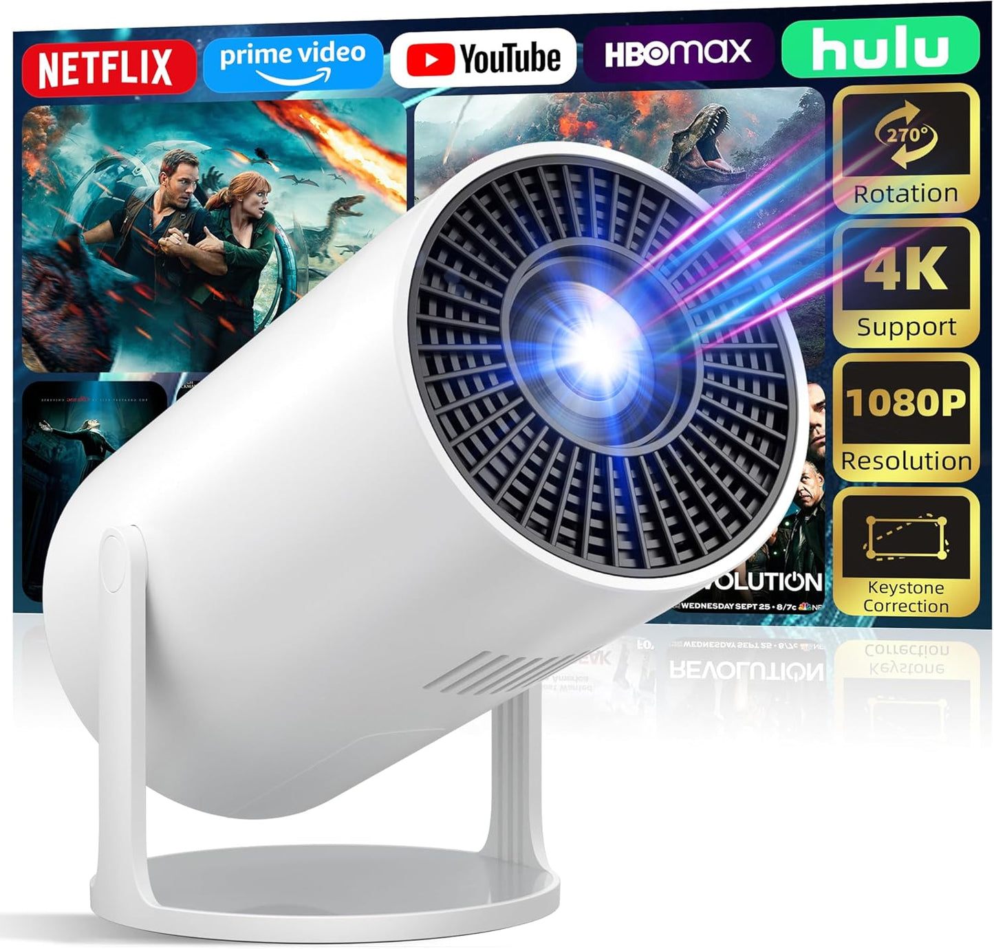 Mini Projector Portable Proyector 4K Support, Full HD 1080P Small Projector with 270° Rotatable Stand, Movie Projector Compatible with TV Stick/Smartphone/Hdmi/Usb for Bedroom/ Outdoor Camping